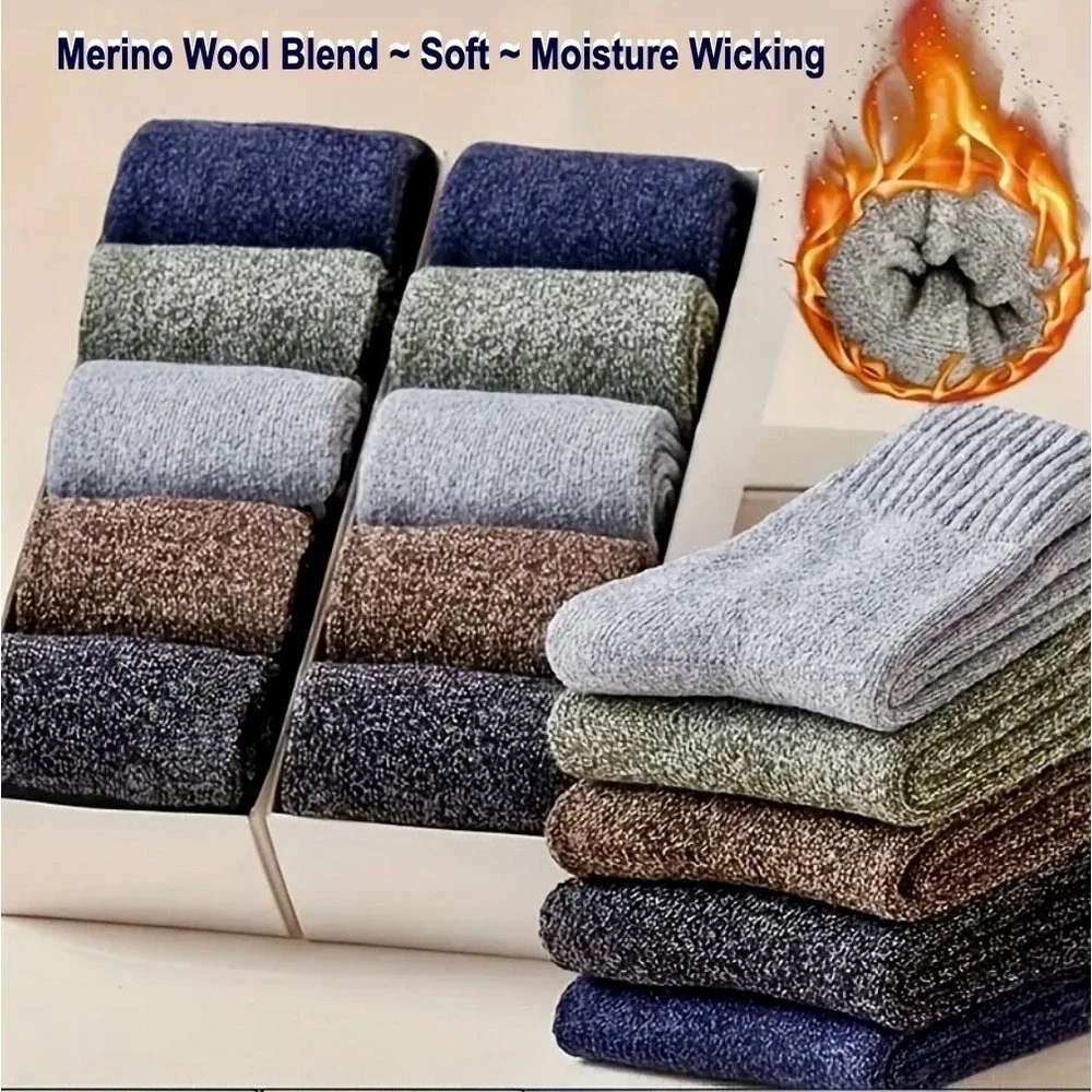 Unisex Merino Wool Thermal Mid-Calf Hiking Socks Winter 7-12 Multiple Colors 5pk